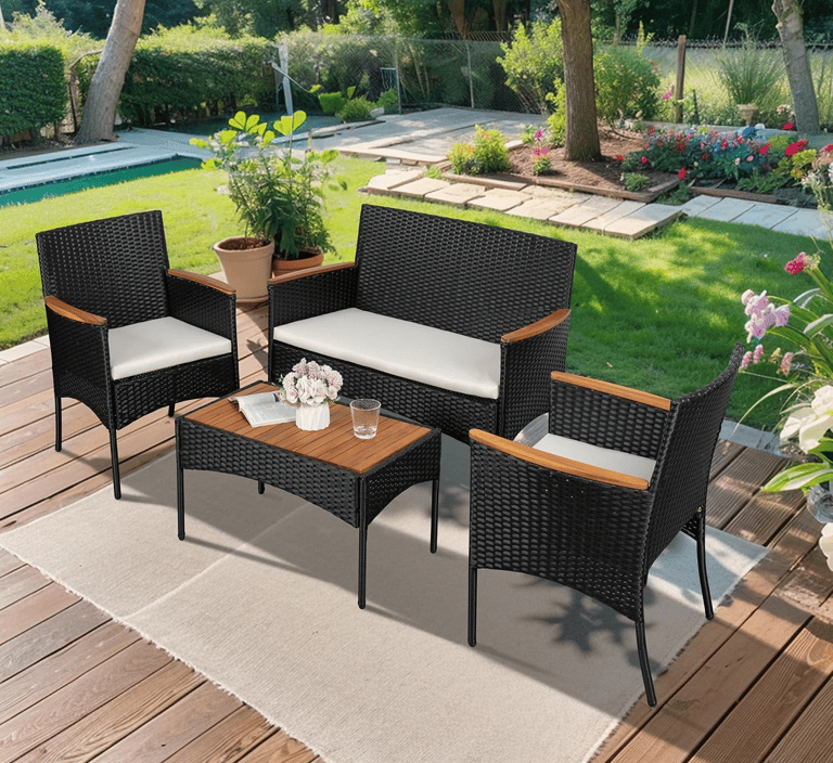 4-piece outdoor rattan furniture set for patio and backyard with comfortable cushions