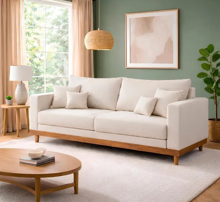 Sofá Living 3 Lugares Suede Resistente Madeira mais Almofadas