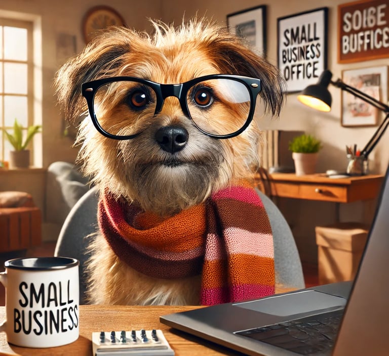 photorealistic cartoon of a shaggy small dog sitting at a computer wearing glasses and striped scarf