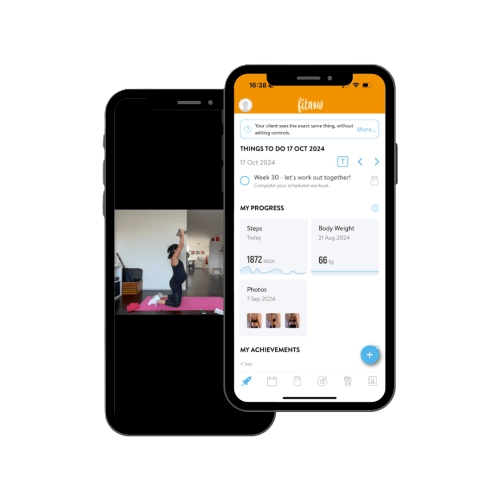 Fitness app dashboard on mobile phones showing workout tracking and progress for a pregnant woman.