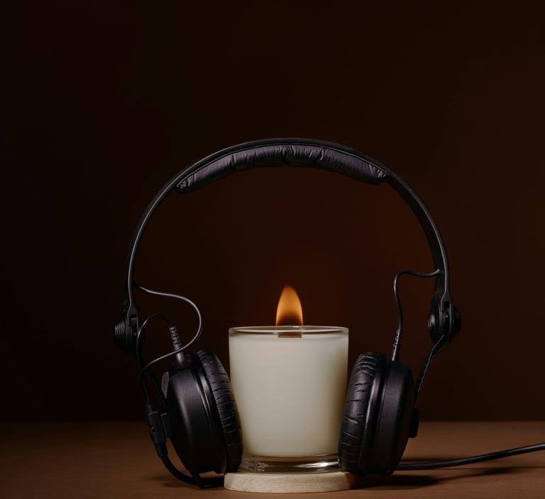 Holiday living room with pine-scented candle, essential oil diffuser, and music playing softly.