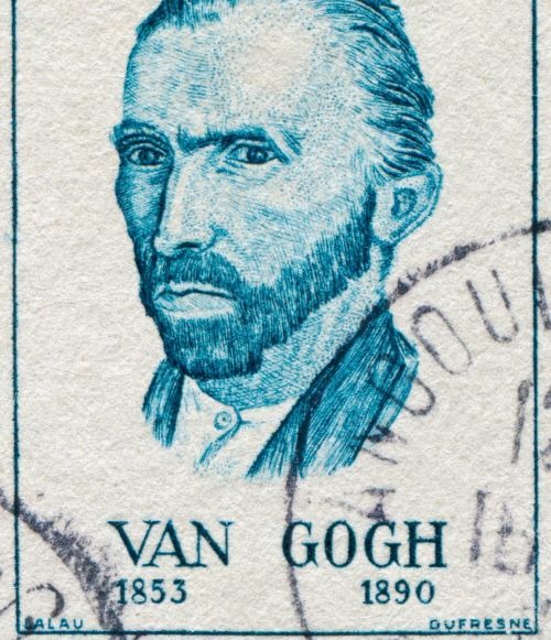Vintage postage stamp featuring a blue engraved portrait of artist Vincent van Gogh with birth and death dates.