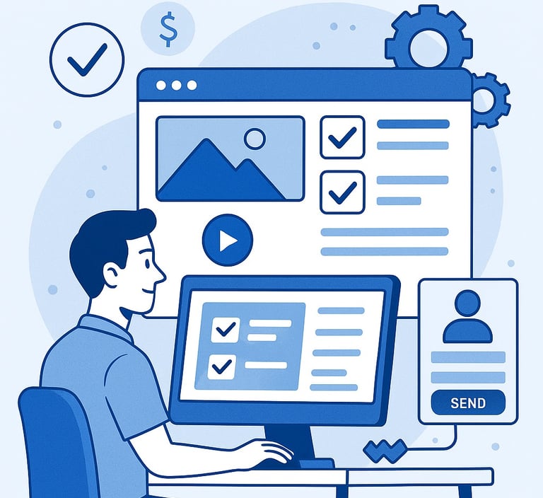 Ilustración de un profesional diseñando una página web en computadora con iconos de engranajes, formularios y listas de verif