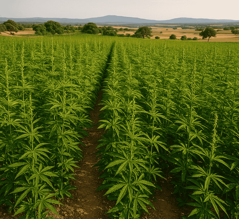 Campo de cáñamo industrial en el campo de Extremadura, España — agricultura sostenible y paisaje nat