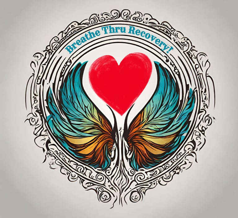 Breathe Thru Recovery Logo. It is a circle with the name curved over a heart in the middle of wings.