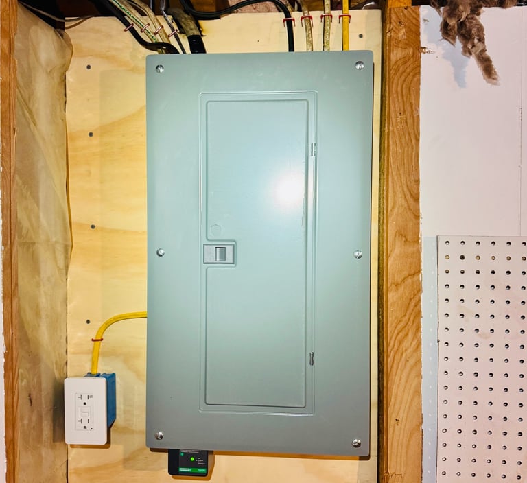 A modern grey residential electrical panel board installed on plywood with visible wiring and a surge protector.
