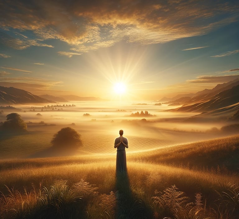 a man standing in a field with a sunset
