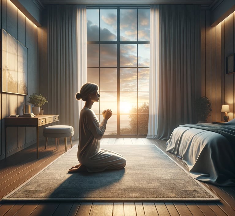 a woman sitting on a rug in a bedroom