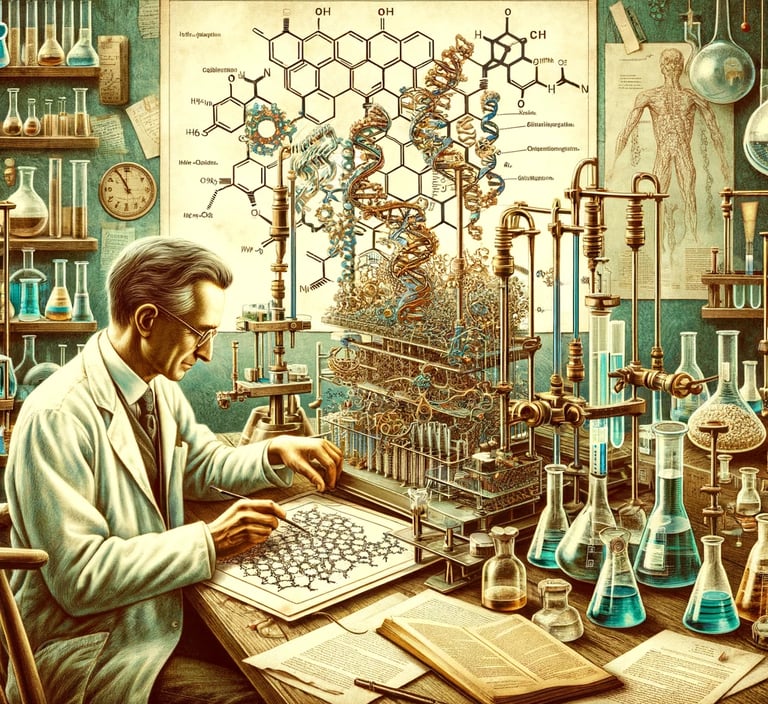 a man in a lab coat is looking at a large scale model of a science