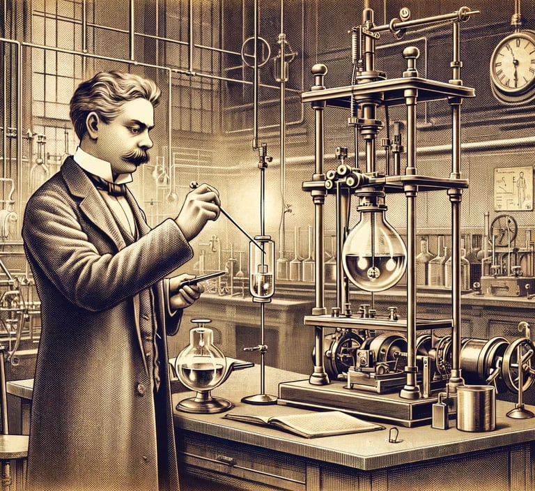 a man in a lab coat is holding a pipe and a pipe