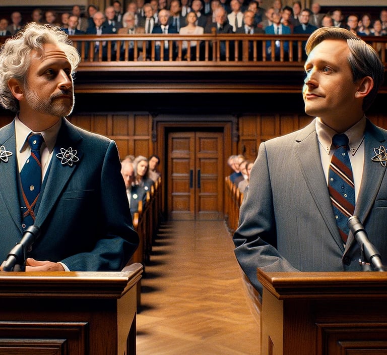 two men in suits and ties standing in front of a courtroom