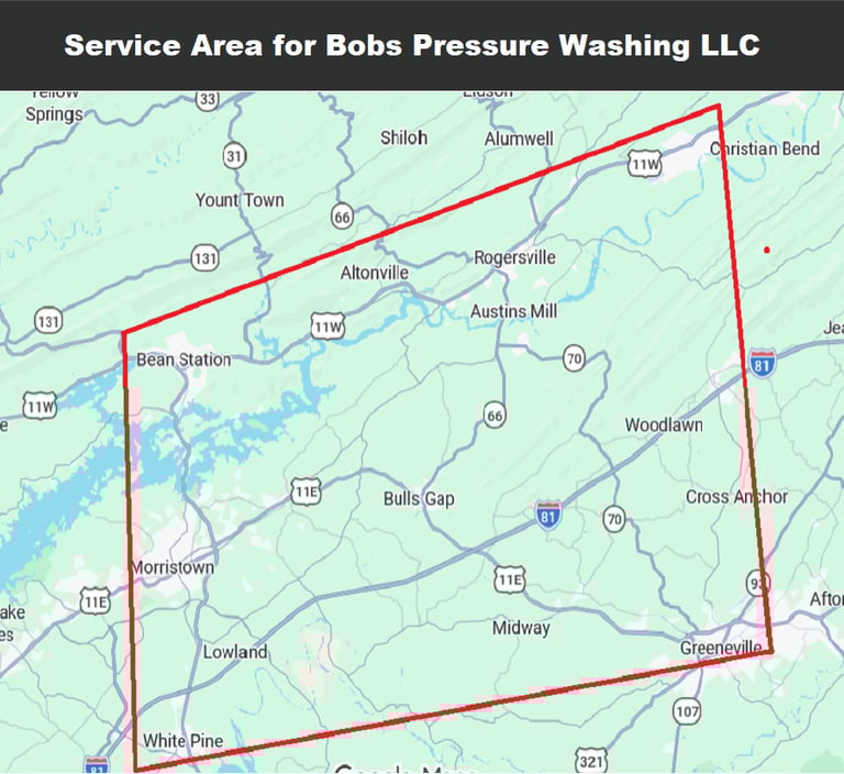Service area map for Bobs Pressure Washing in Bulls Gap, Rogersville, Bean Station, Morristown, Whitesburg, White Pine, TN