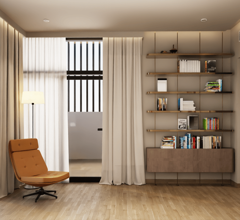 Bespoke bookshelf and lounge area in Dubai master bedroom