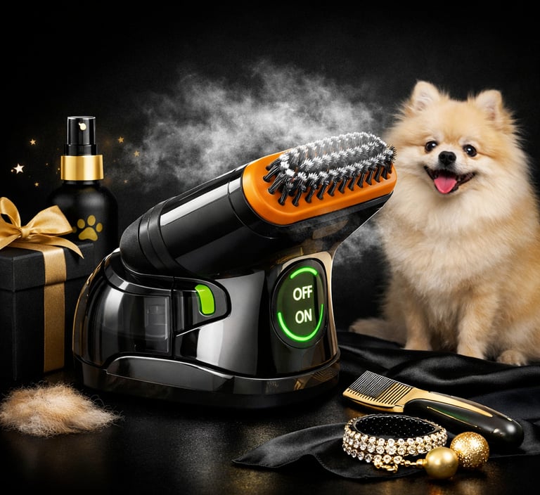 Cepillo eléctrico con vapor junto a un perro para eliminar el pelo suelto 