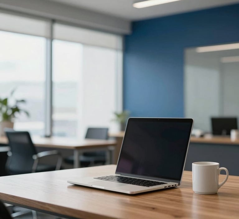 A bright, professional North American corporate office featuring a clean wooden desk with a sleek laptop and a ceramic mug. The background shows a soft-focus modern interior with deep blue and slate blue decor elements, illuminated by natural window light.