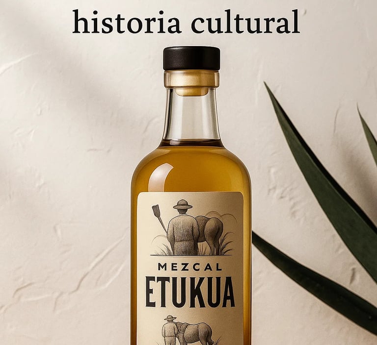 Botella artesanal de mezcal con etiqueta detallando origen y métodos tradicionales