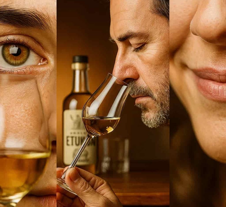 Collage fotográfico mostrando un ojo observando una copa, una nariz oliendo el mezcal y una boca sab