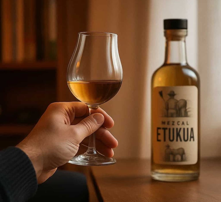 Persona relajada disfrutando de una copa de mezcal Etukua en un ambiente acogedor en casa.