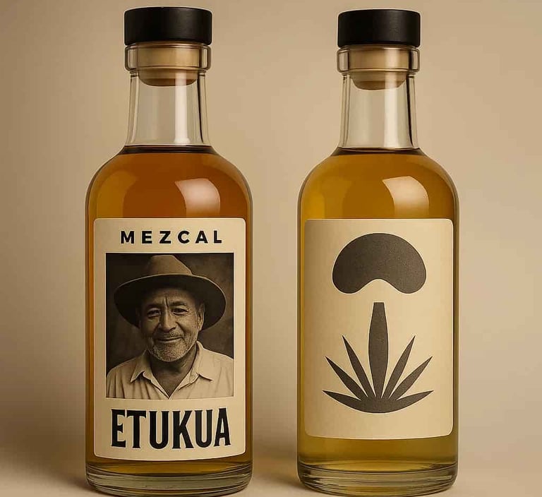 Comparación entre botella de mezcal con historia humana y botella genérica sin identidad.