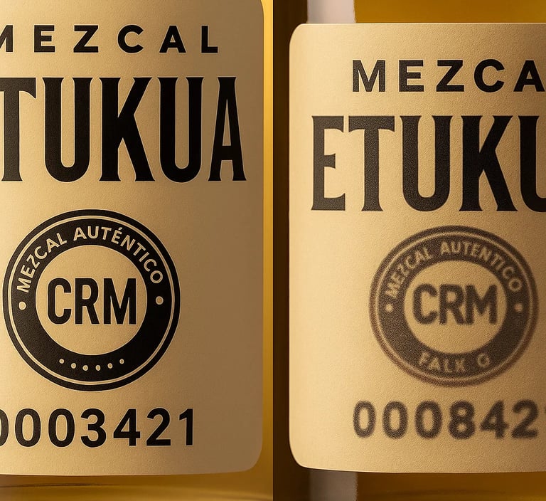 Comparación en primer plano de un sello CRM de mezcal auténtico y nítido (como el de Etukua) versus 