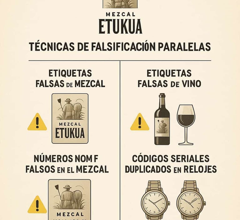 Infografía que muestra técnicas de falsificación similares en mezcal y otras industrias de lujo