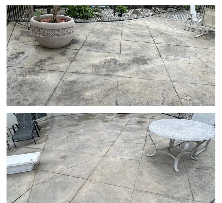 a photo of a before and after of a dirty back patio i pressure washed in lakeshore ontaio 