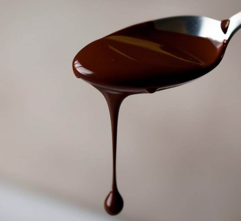 Rich melted dark chocolate dripping off a metal spoon against a smooth neutral studio background. 