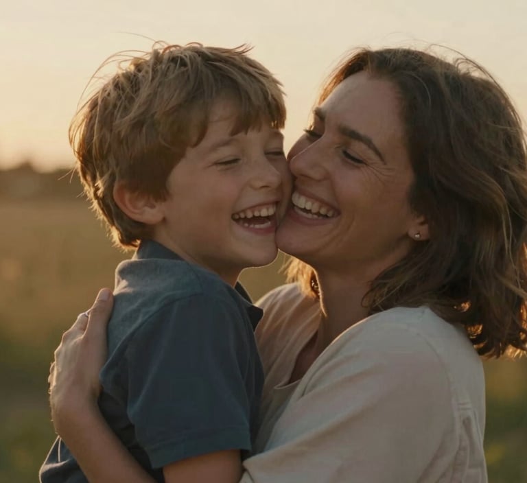 A mother and son hugging tightly, laughing with closed eyes, warm golden backlight, cinematic soft focus.