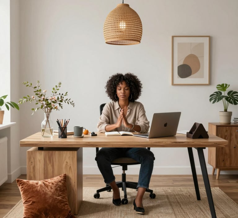 A cozy workspace with handcrafted Afrocentric decor pieces arranged around a wooden desk.