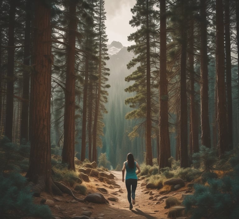 a woman walking down a path in a forest