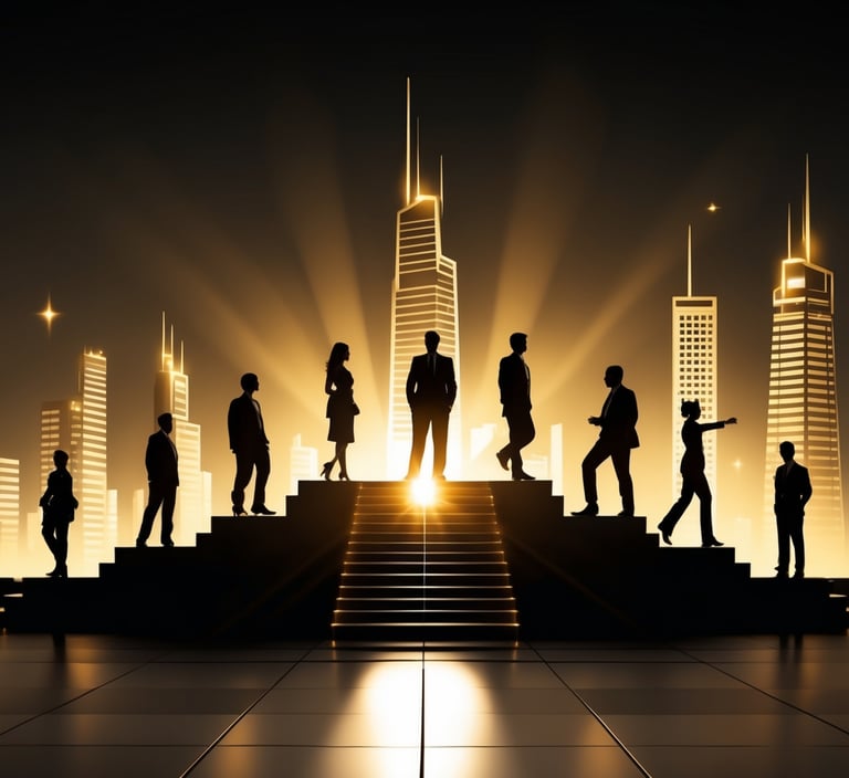 a group of people walking up stairs in a city