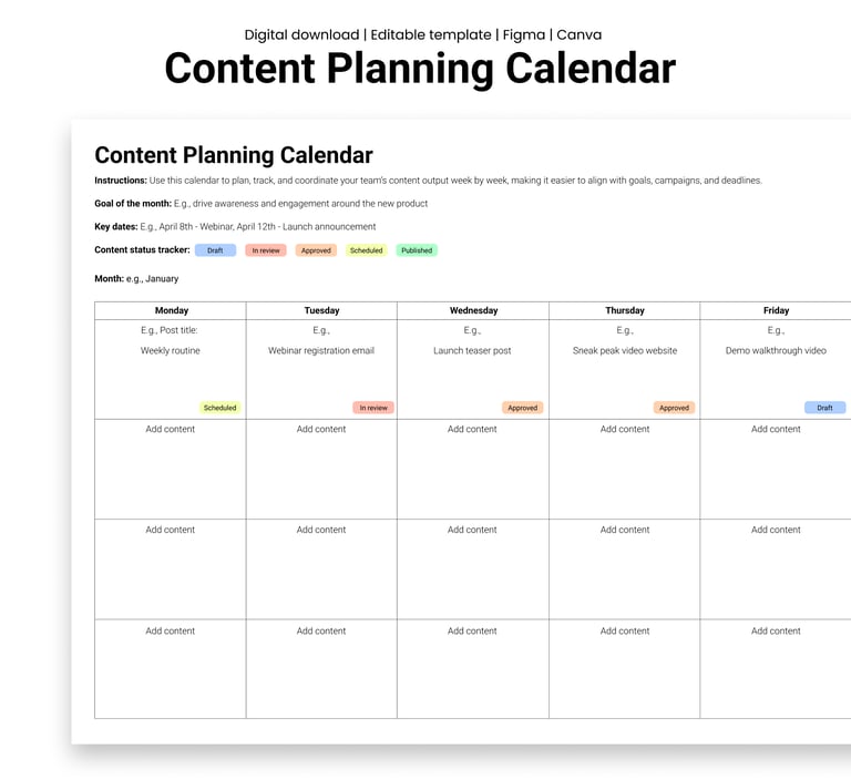 A mockup of a content planning calendar