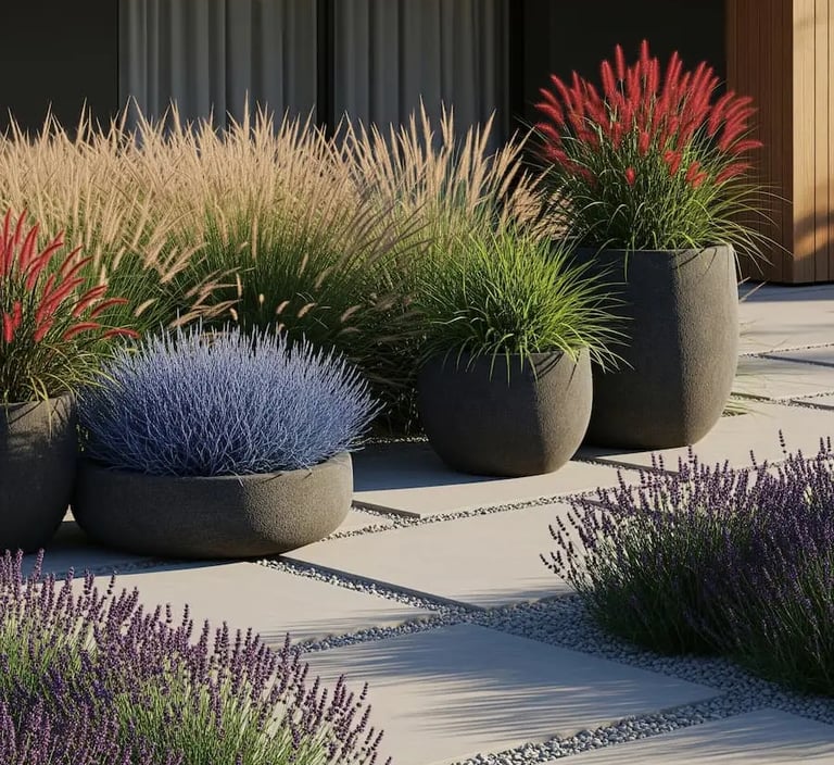 conjunto de gramíneas y aromáticas, un jardín sostenible