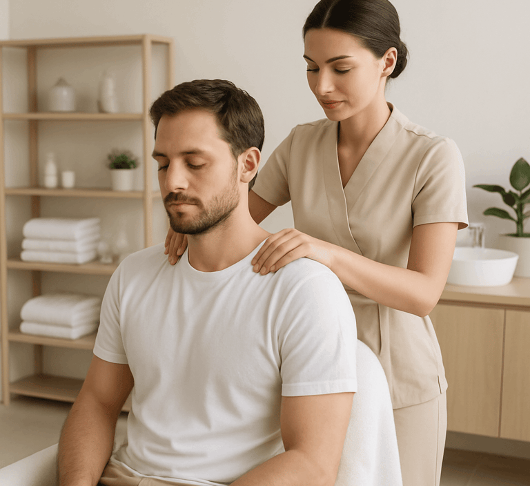 Female therapist providing professional shoulder massage to male client