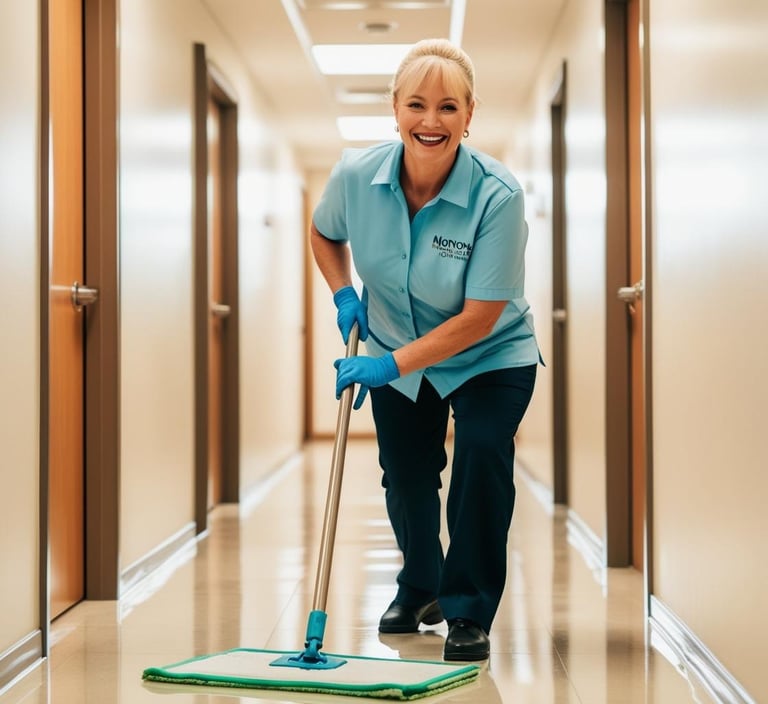 A smiling professional female cleaner mopping a bright office hallway with a commercial microfiber mop.