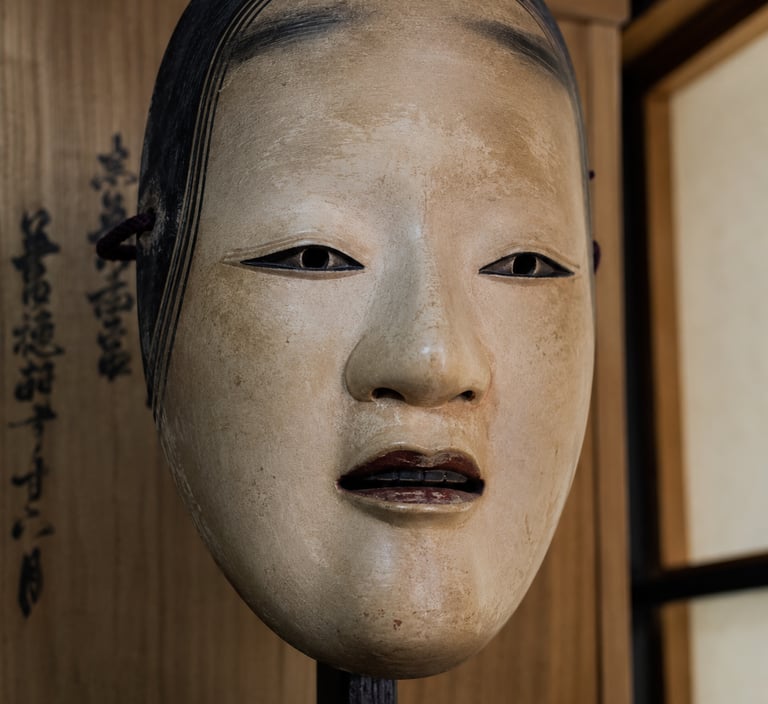 Traditional wooden Japanese Noh mask of a young woman on a display stand.