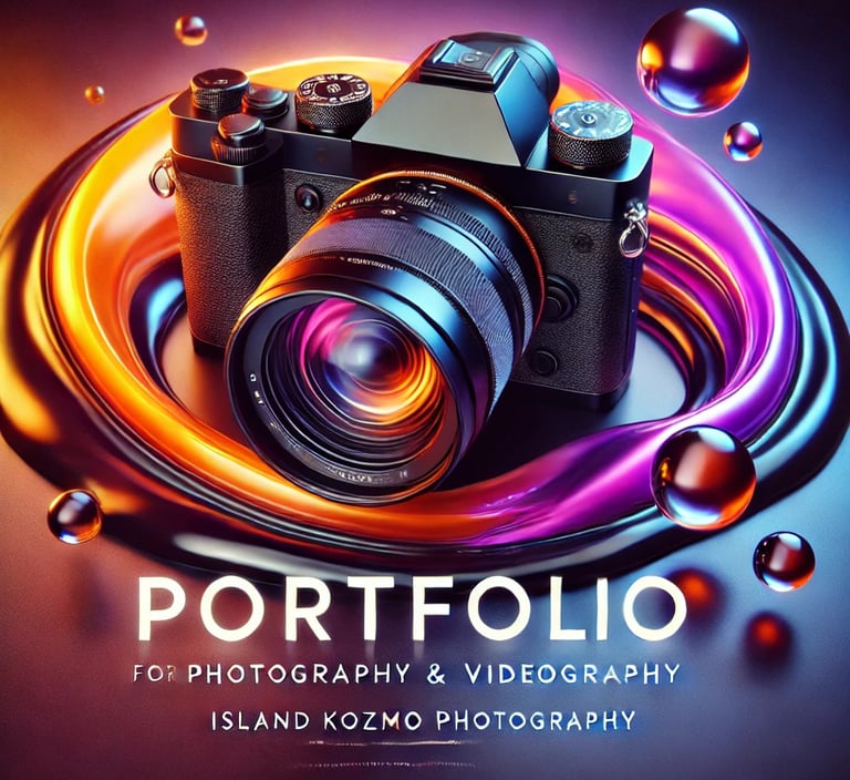 A sleek, modern DSLR camera with a large lens is centered on a vibrant, swirling background.