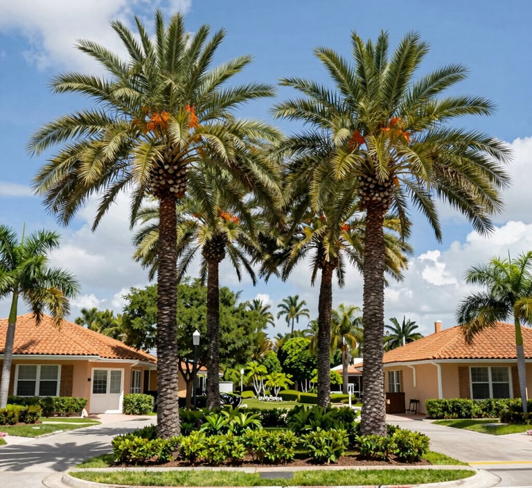 Lush tropical landscape with tall palm trees and residential homes under a bright blue sky, enhancing Florida real estate