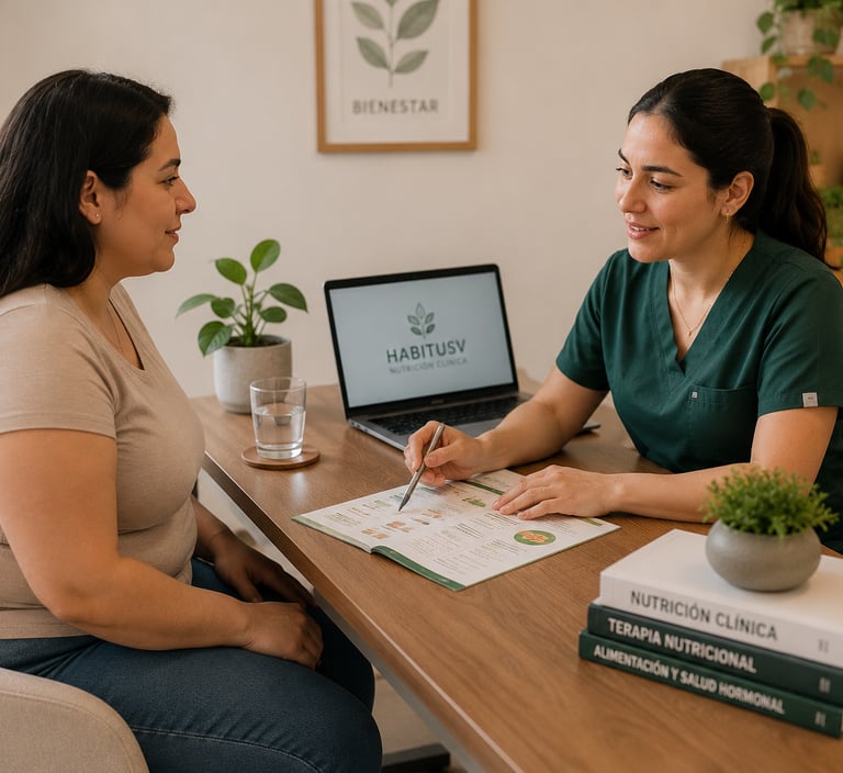Mujer de 30 años sonriente tomando consulta personalizada de nutrición presencial. 