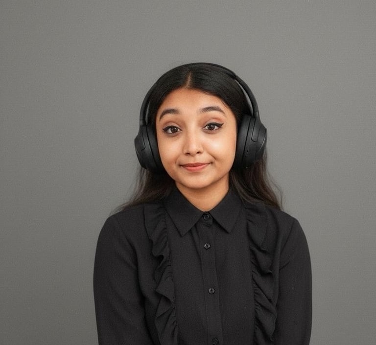 Young woman with long dark hair wearing black over-ear headphones and a ruffled black shirt against a grey background.