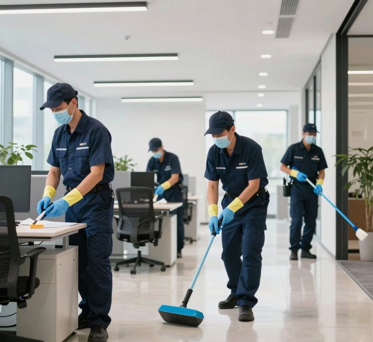 A sleek, modern workspace with a professional cleaning team in action under warm lighting.