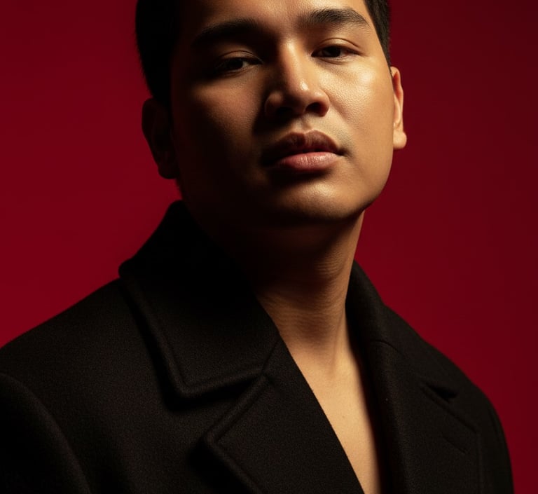 Professional portrait of a man in a black wool coat posing against a vibrant red background.
