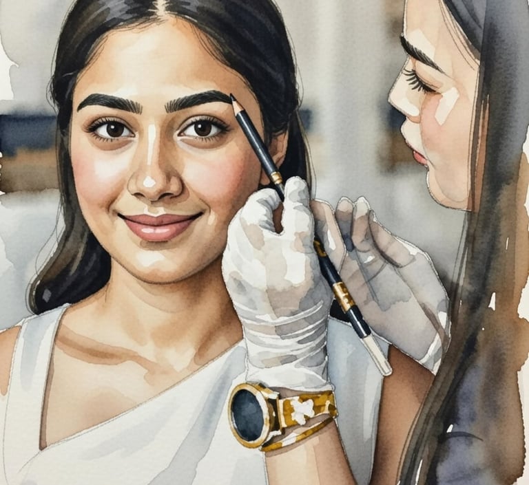 Aquarelillustratie: Saranya brengt PMU wenkbrauwen aan bij glimlachende klant