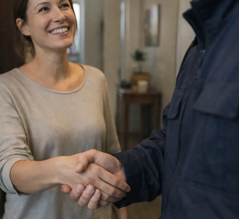 Cliente qui sourit au technicien de La Vie Sans Crotte après le nettoyage d'une cage haute furets