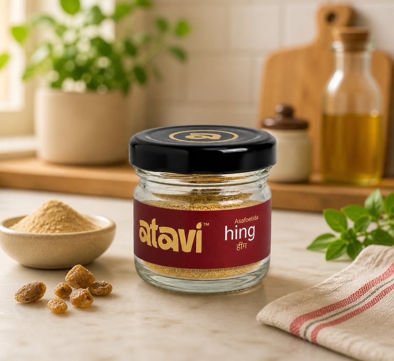 A glass jar of Atavi Hing Asafoetida spice powder and resin pieces on a kitchen counter.