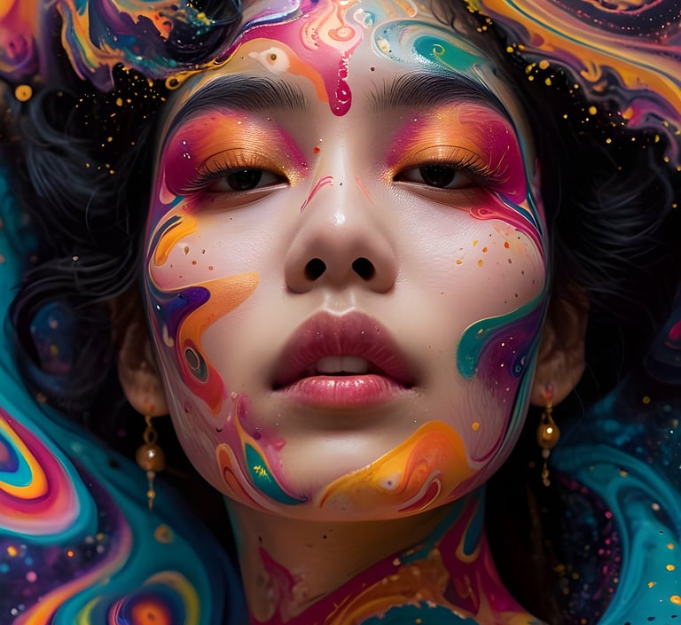 serene woman surrounded by swirls of colorful paint