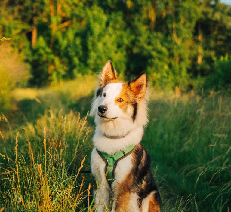 Hund sitzt entspannt im Gras – Startbild der mobilen Hundeschule Takoda