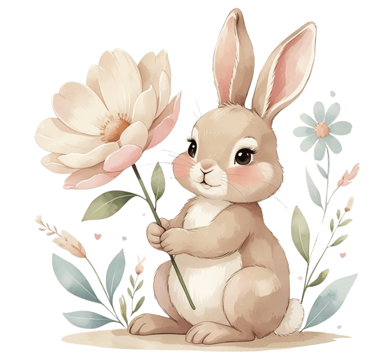 Cute bunny holding a large white flower, surrounded by small pastel blossoms and leaves, soft waterc