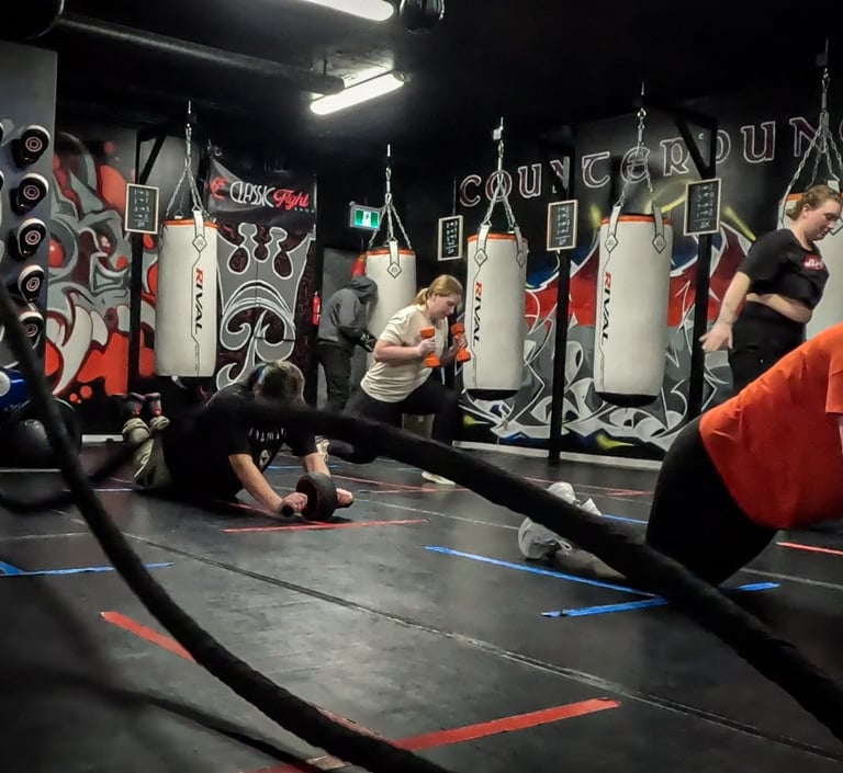 women doing boxing training cardio exercises in the Heels Off, Gloves On class