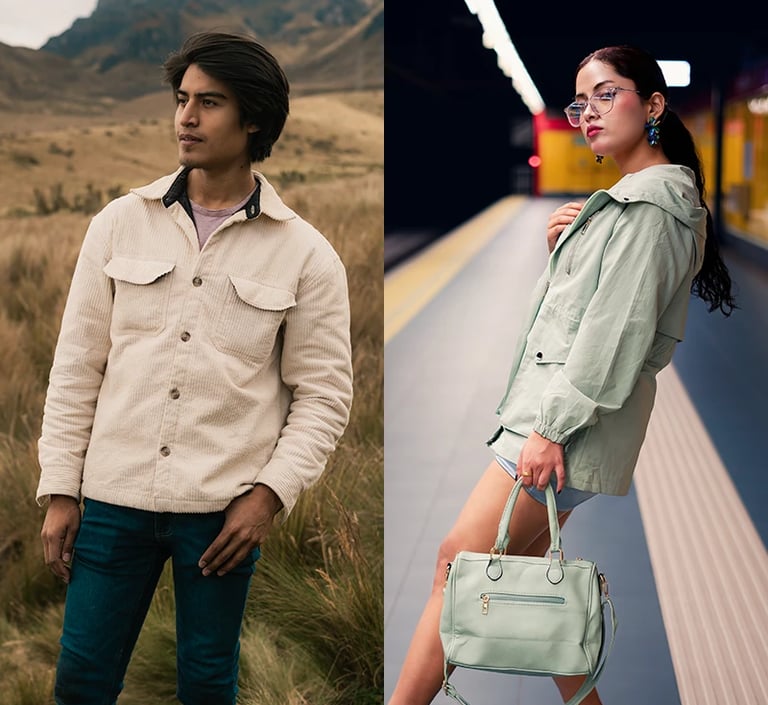 Mateo Salguero y Rashell Campos, hombre joven con chaqueta blanca en un prado montañoso y mujer elegante y hermosa en metro